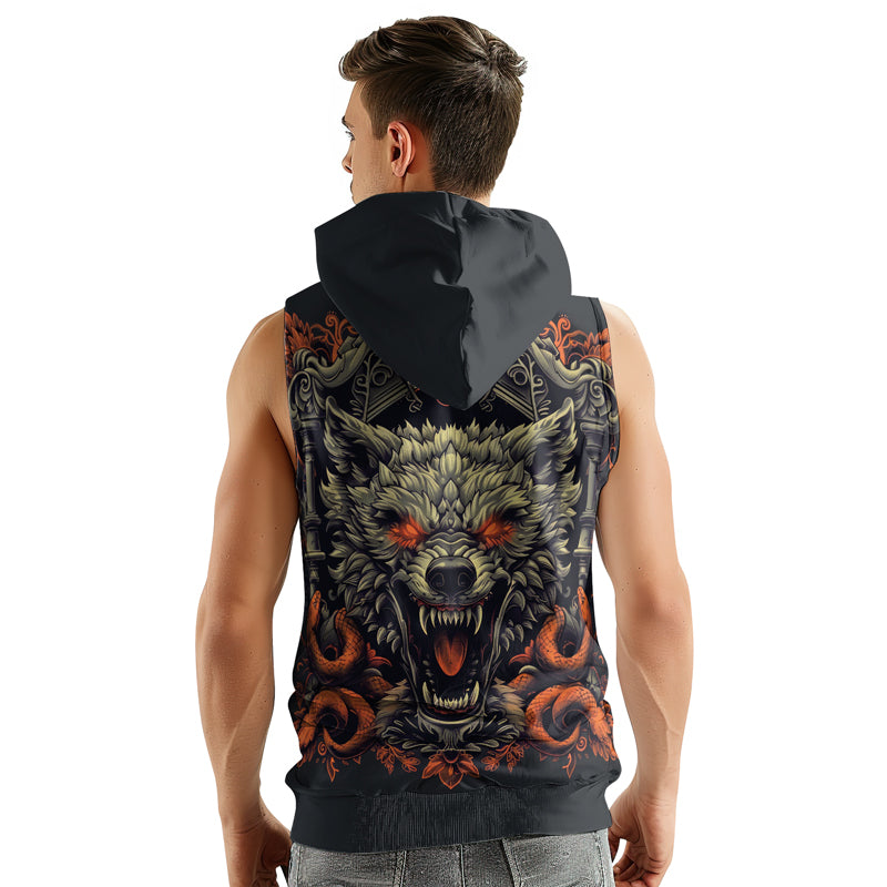 Rashninja Fanged Wolf with Skull Sleeveless Hoodie | Sleeveless Hoodie