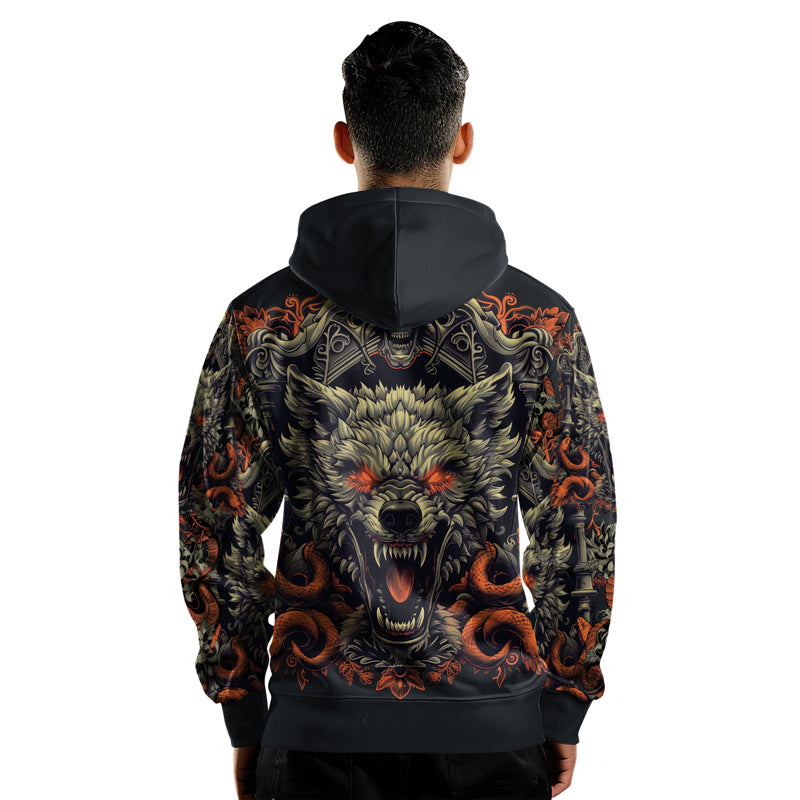 Rashninja Fanged Wolf with Skull AOP Hoodie | Wolf Hoodies For Men