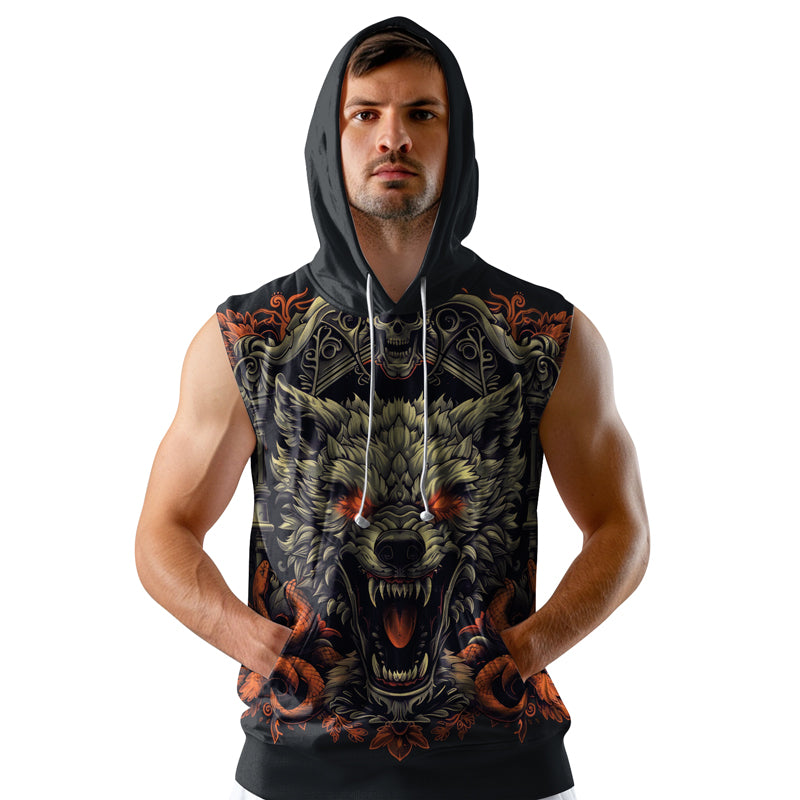 Rashninja Fanged Wolf with Skull Sleeveless Hoodie | Sleeveless Hoodie