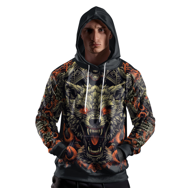 Rashninja Fanged Wolf with Skull AOP Hoodie | Wolf Hoodies For Men