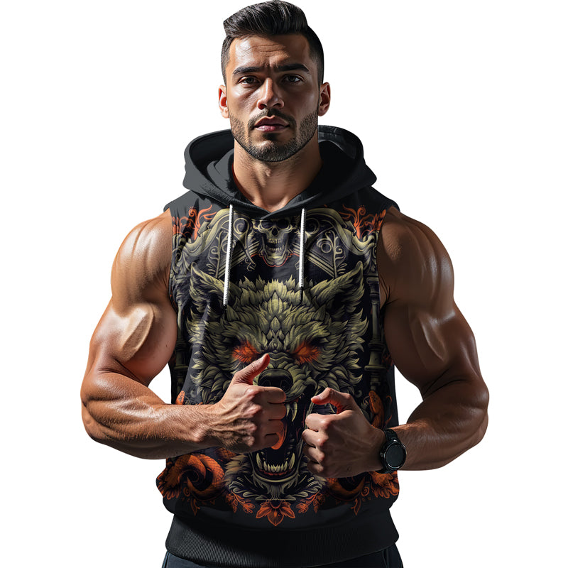 Rashninja Fanged Wolf with Skull Sleeveless Hoodie | Sleeveless Hoodie