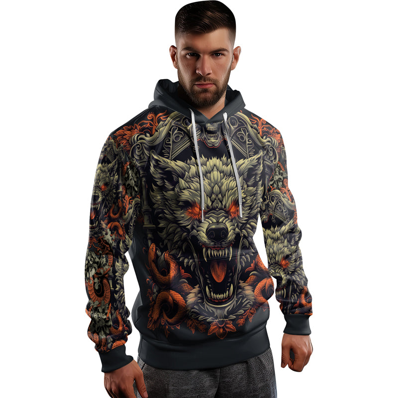 Rashninja Fanged Wolf with Skull AOP Hoodie | Wolf Hoodies For Men