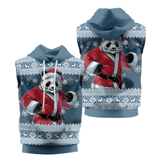 Rashninja Blue Kung Fu Christmas Panda Men's Sleeveless Gym Hoodie