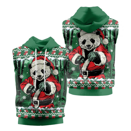 Rashninja Green Kung Fu Christmas Panda Men's Sleeveless Gym Hoodie