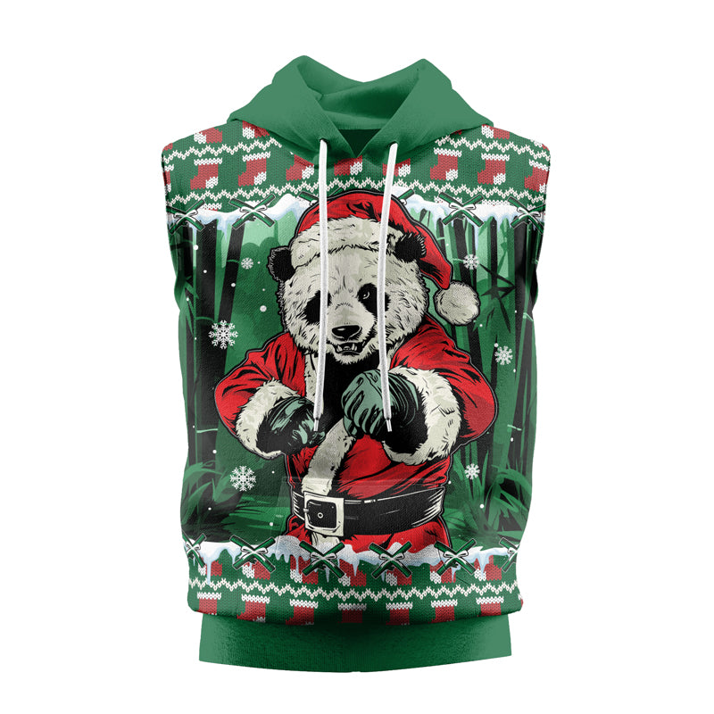 Rashninja Green Kung Fu Christmas Panda Men's Sleeveless Gym Hoodie