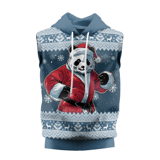 Rashninja Blue Kung Fu Christmas Panda Men's Sleeveless Gym Hoodie