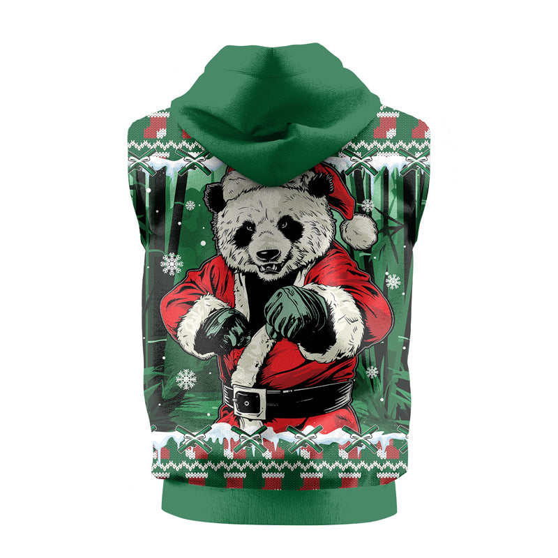 Rashninja Green Kung Fu Christmas Panda Men's Sleeveless Gym Hoodie