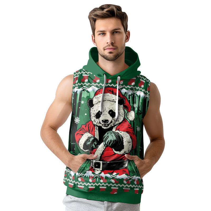 Rashninja Green Kung Fu Christmas Panda Men's Sleeveless Gym Hoodie