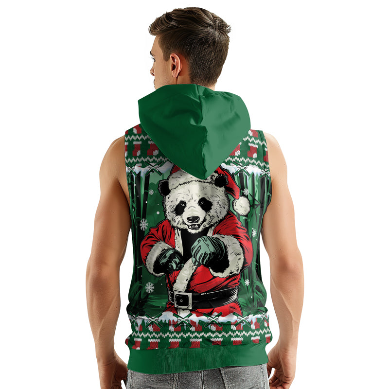 Rashninja Green Kung Fu Christmas Panda Men's Sleeveless Gym Hoodie