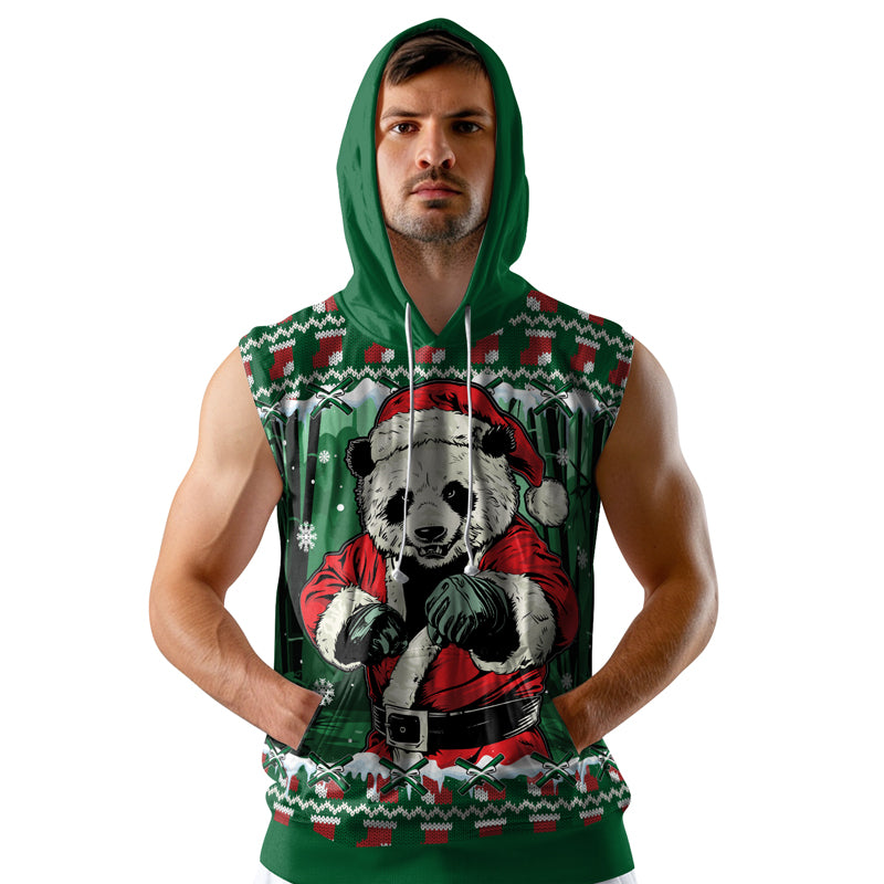 Rashninja Green Kung Fu Christmas Panda Men's Sleeveless Gym Hoodie