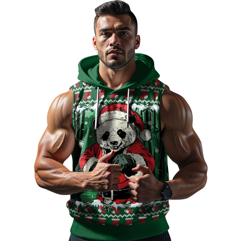 Rashninja Green Kung Fu Christmas Panda Men's Sleeveless Gym Hoodie