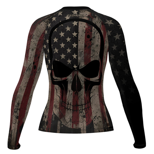 Rashninja Patriotic Skull Distressed Women's Long Sleeve Rash Guard