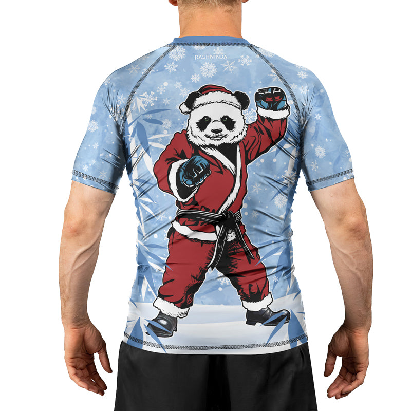 Rashninja Blue Santa Panda Kung Fu Men's Short Sleeve Rash Guard