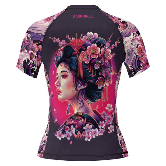 Rashninja Geisha with Sakura Waves Women's Short Sleeve Rash Guard