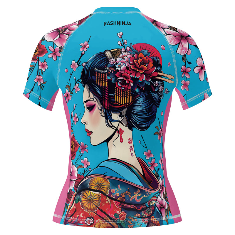 Rashninja Blue and Pink Geisha Women's Short Sleeve Rash Guard