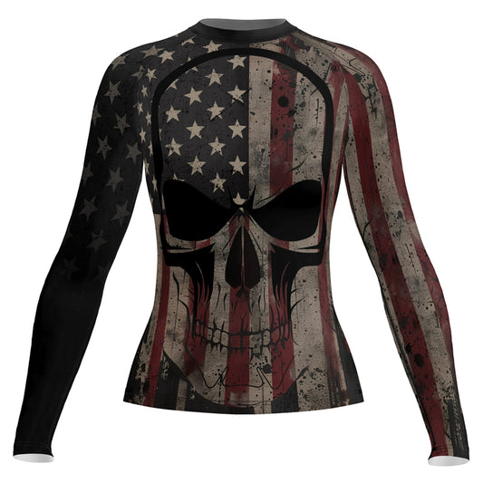 Rashninja Patriotic Skull Distressed Women's Long Sleeve Rash Guard

