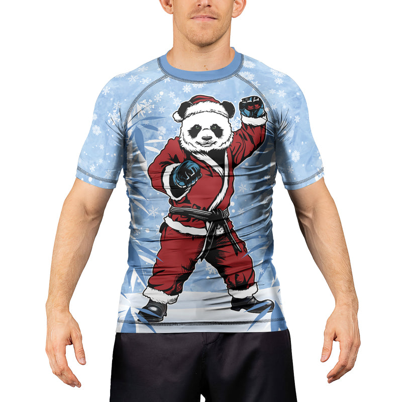 Rashninja Blue Santa Panda Kung Fu Men's Short Sleeve Rash Guard