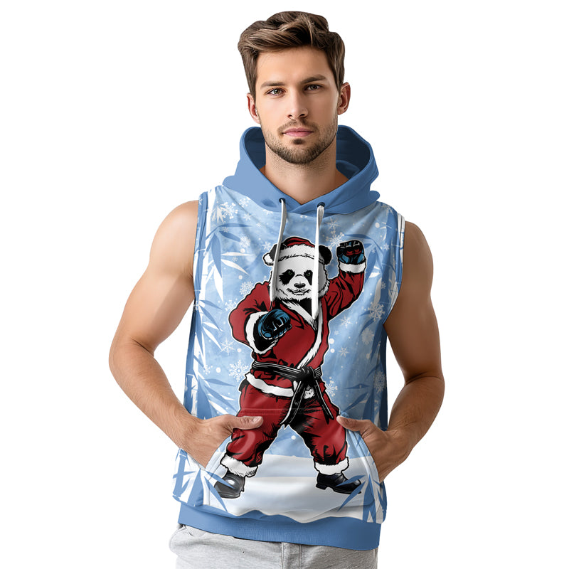 Rashninja Blue Santa Panda Kung Fu Men's Sleeveless Gym Hoodie