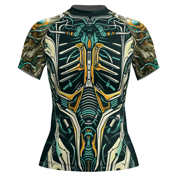 Rashninja Cyber Biomechanic Teal Gold Women's Short Sleeve Rash Guard