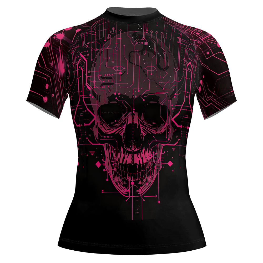 Rashninja Cyber Skull Circuit Red Women's Short Sleeve Rash Guard

