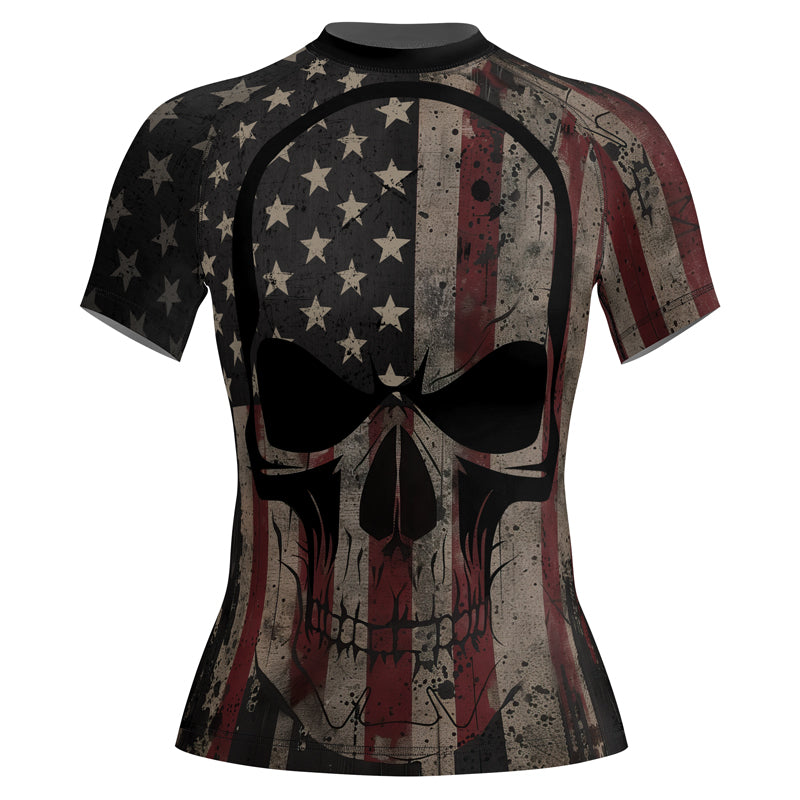 Rashninja Patriotic Skull Distressed Women's Short Sleeve Rash Guard

