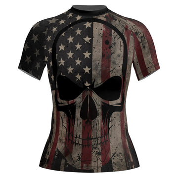 Rashninja Patriotic Skull Distressed Women's Short Sleeve Rash Guard


