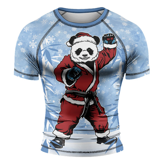 Rashninja Blue Santa Panda Kung Fu Men's Short Sleeve Rash Guard