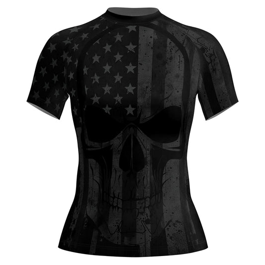 Rashninja Patriotic Skull Flag Women's Short Sleeve Rash Guard

