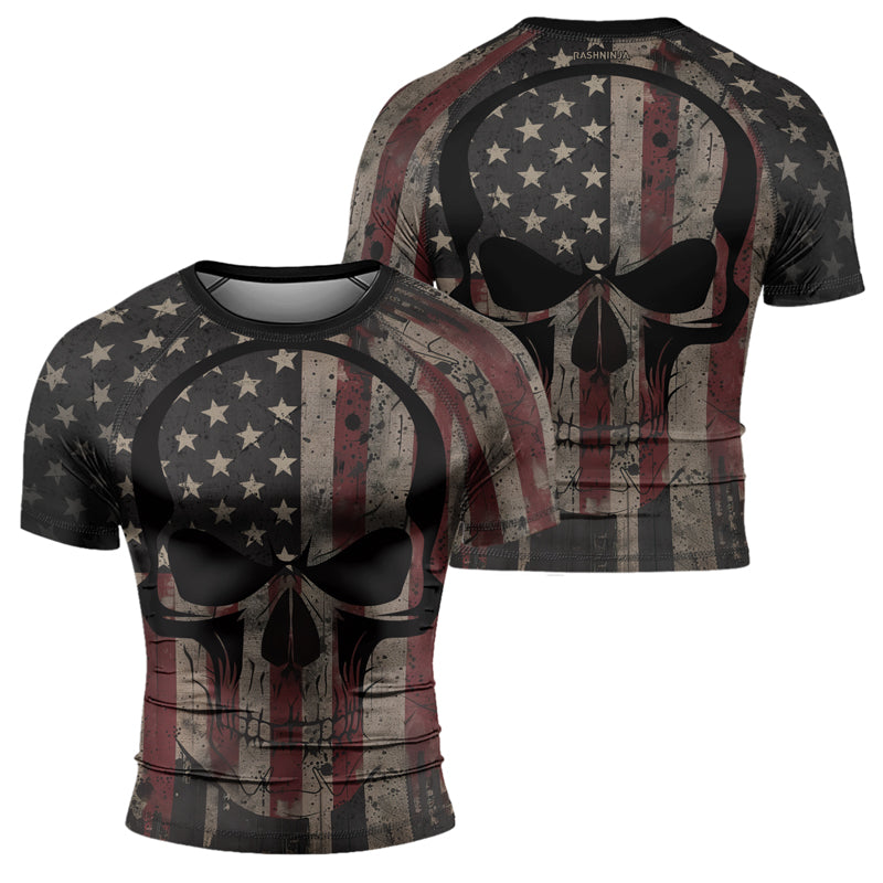 Rashninja Patriotic Skull Distressed Men's Short Sleeve Rash Guard

