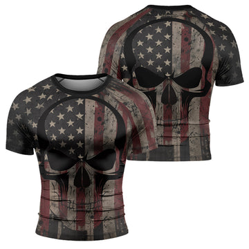 Rashninja Patriotic Skull Distressed Men's Short Sleeve Rash Guard

