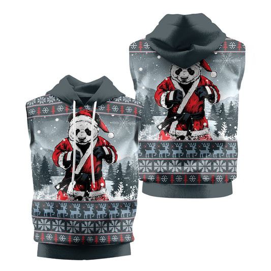 Rashninja Grey Kung Fu Christmas Panda Men's Sleeveless Gym Hoodie