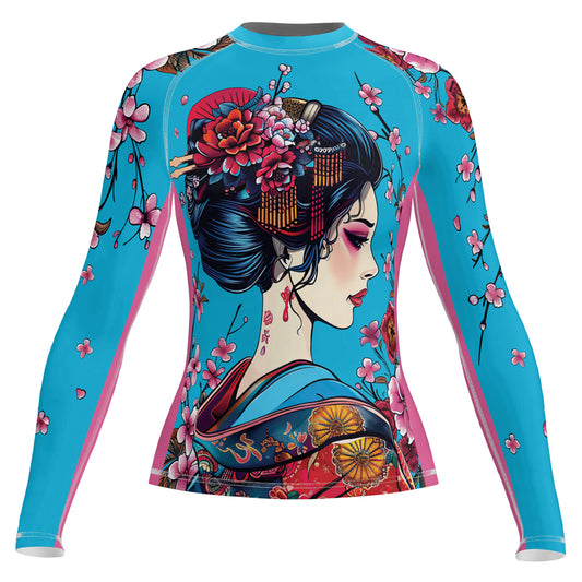 Rashninja Blue and Pink Geisha Women's Long Sleeve Rash Guard