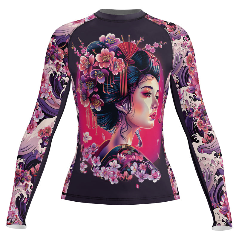 Rashninja Geisha with Sakura Waves Women's Long Sleeve Rash Guard