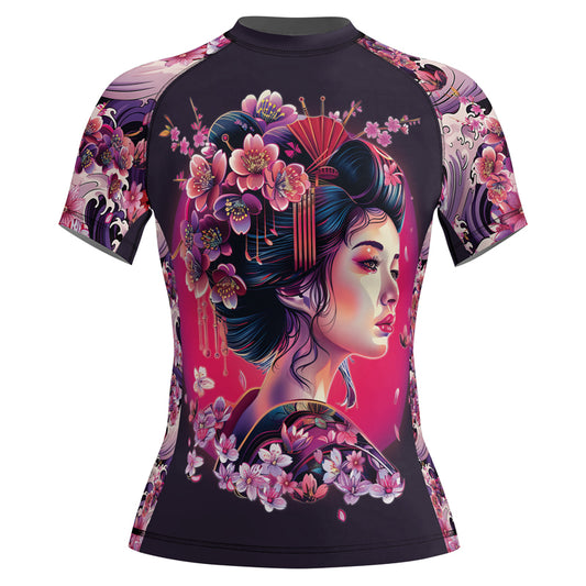 Rashninja Geisha with Sakura Waves Women's Short Sleeve Rash Guard