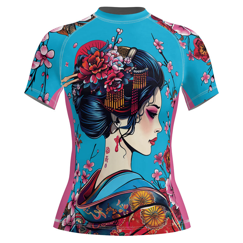 Rashninja Blue and Pink Geisha Women's Short Sleeve Rash Guard