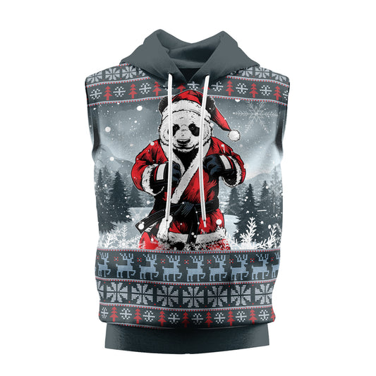 Rashninja Grey Kung Fu Christmas Panda Men's Sleeveless Gym Hoodie