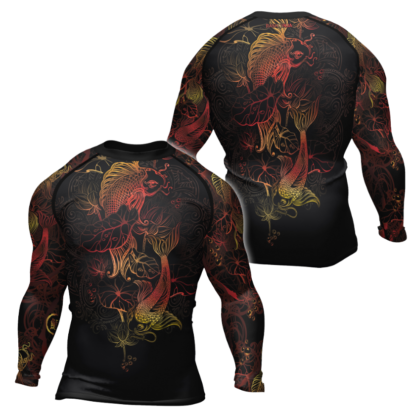 Rashninja Red Gold Gradient Japanese Koi Men's Long Sleeve Rash Guard