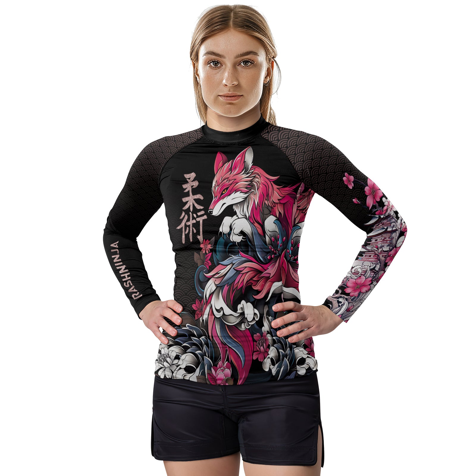 Rashninja Japanese Pink Kitsune Women's Long Sleeve Rash Guard