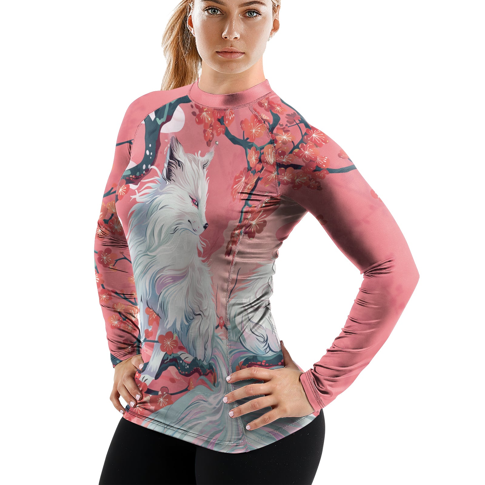 Rashninja White Kitsune with Sakura Women's Long Sleeve Rash Guard