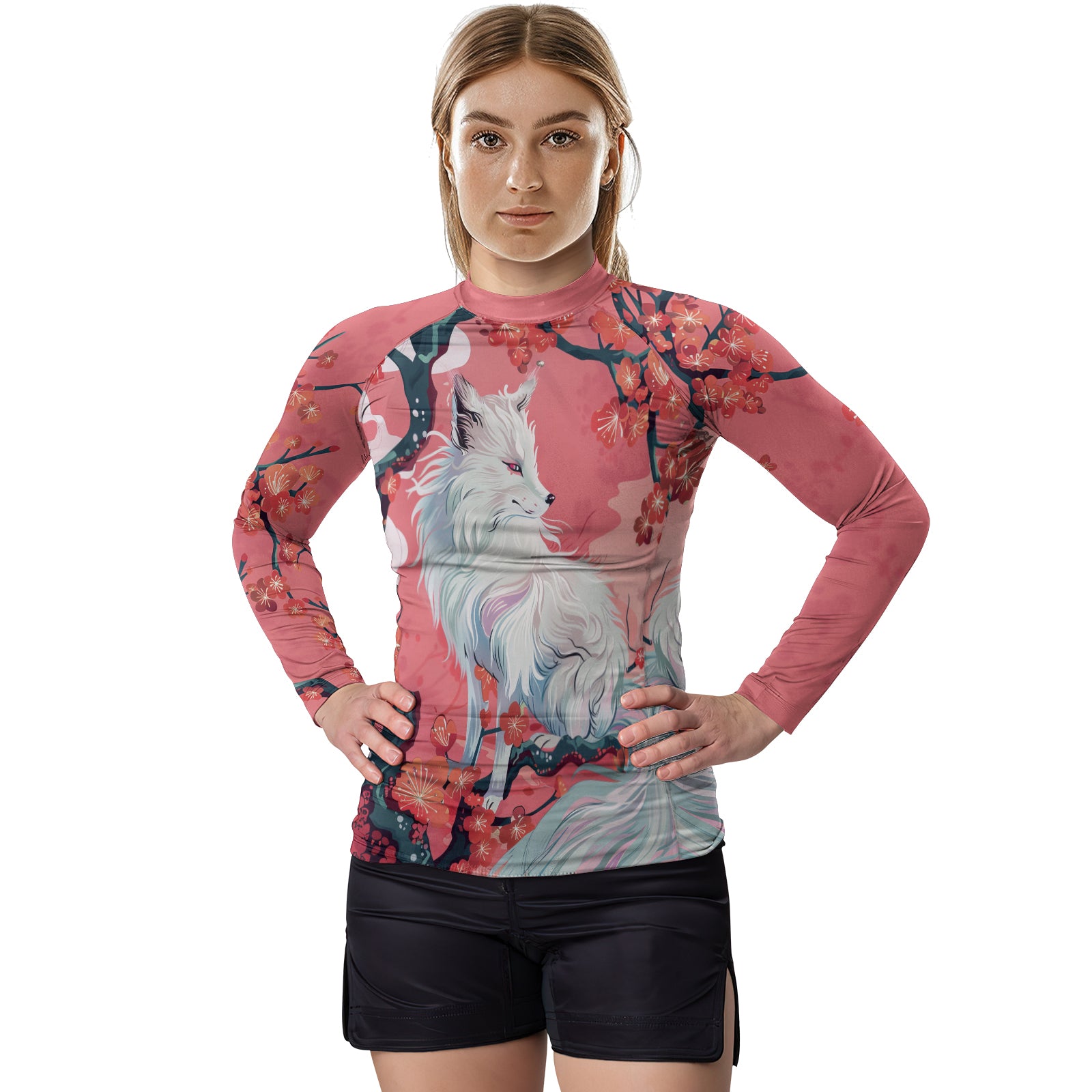 Rashninja White Kitsune with Sakura Women's Long Sleeve Rash Guard