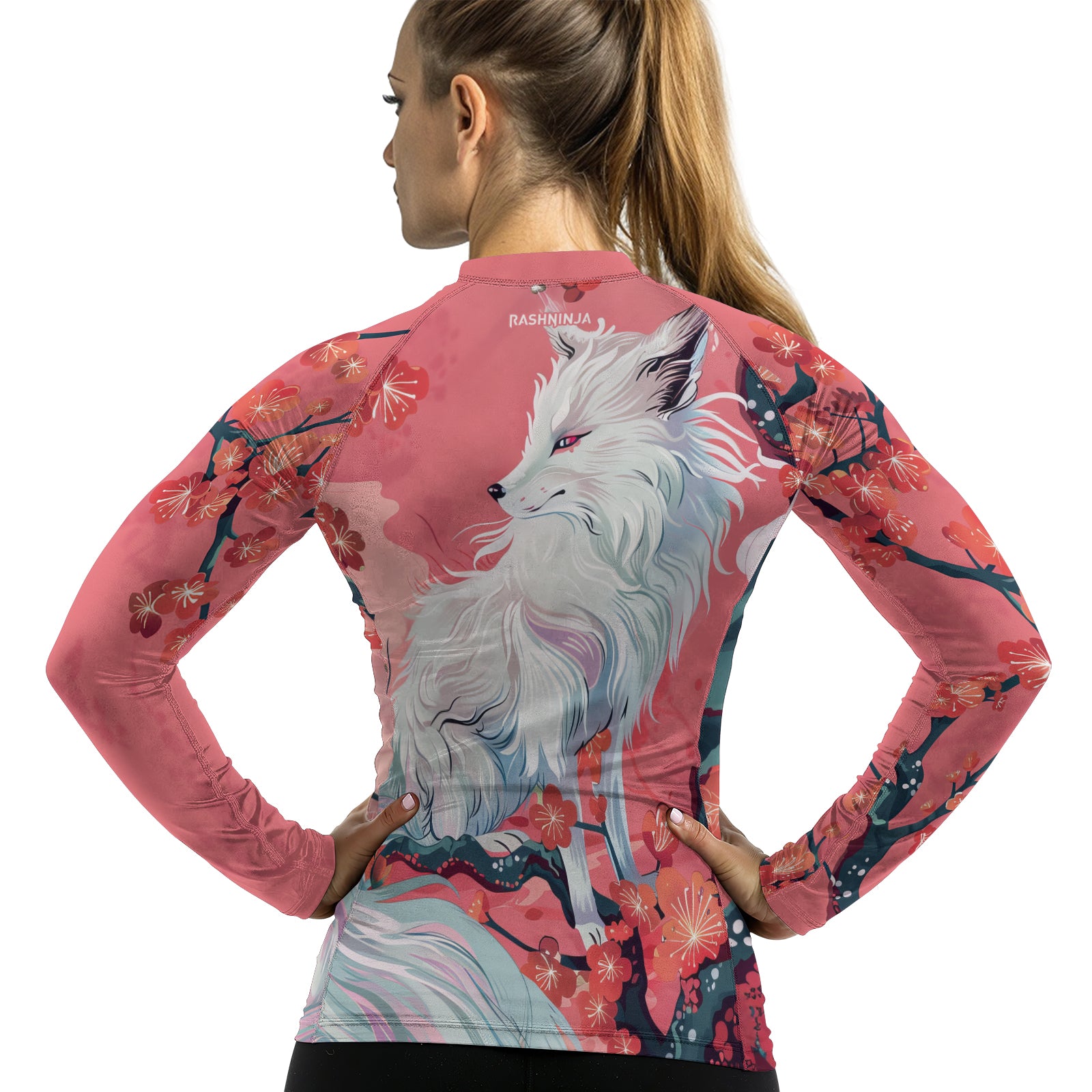 Rashninja White Kitsune with Sakura Women's Long Sleeve Rash Guard