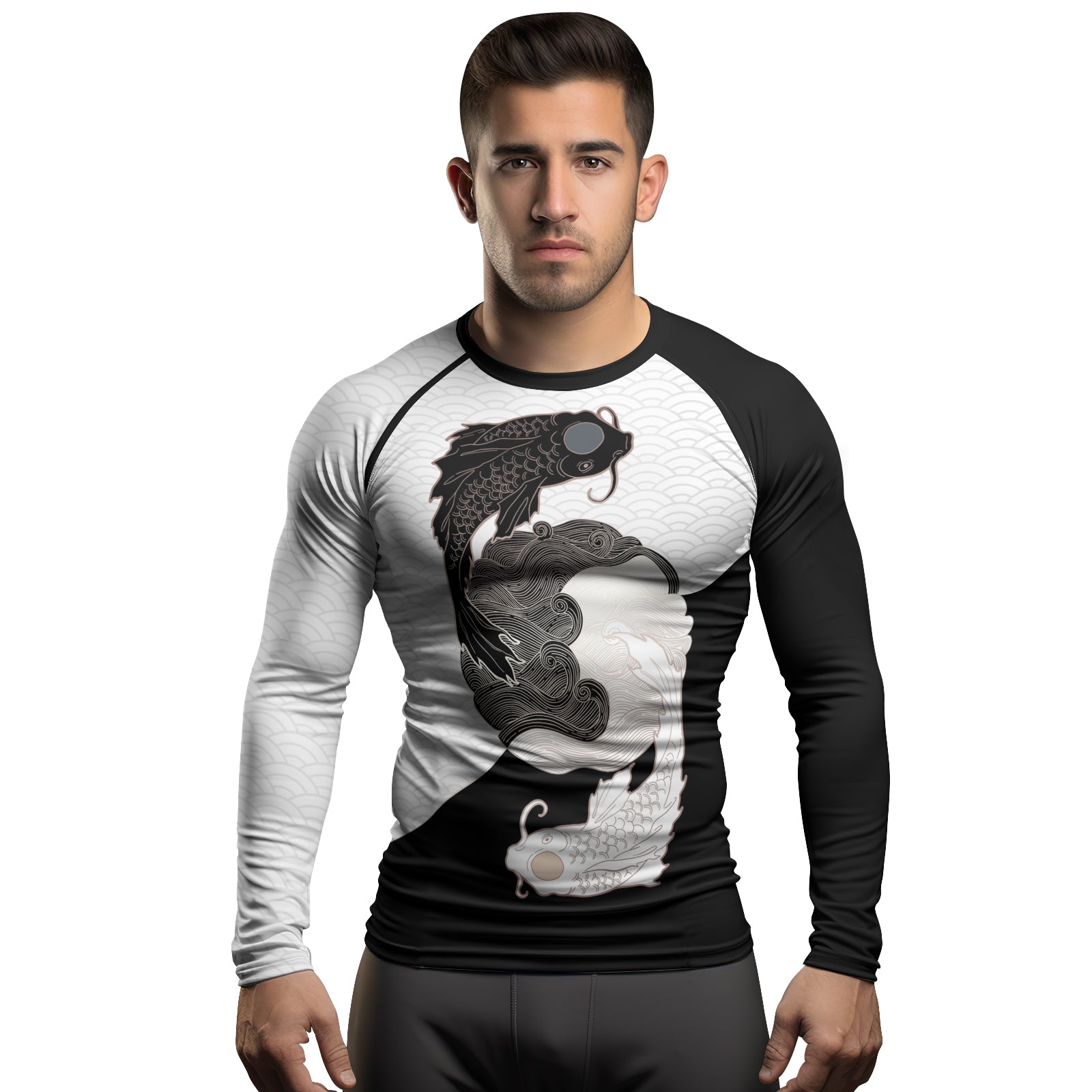 Rashninja Black & White Koi Yin Yang Men's Long Sleeve Rash Guard