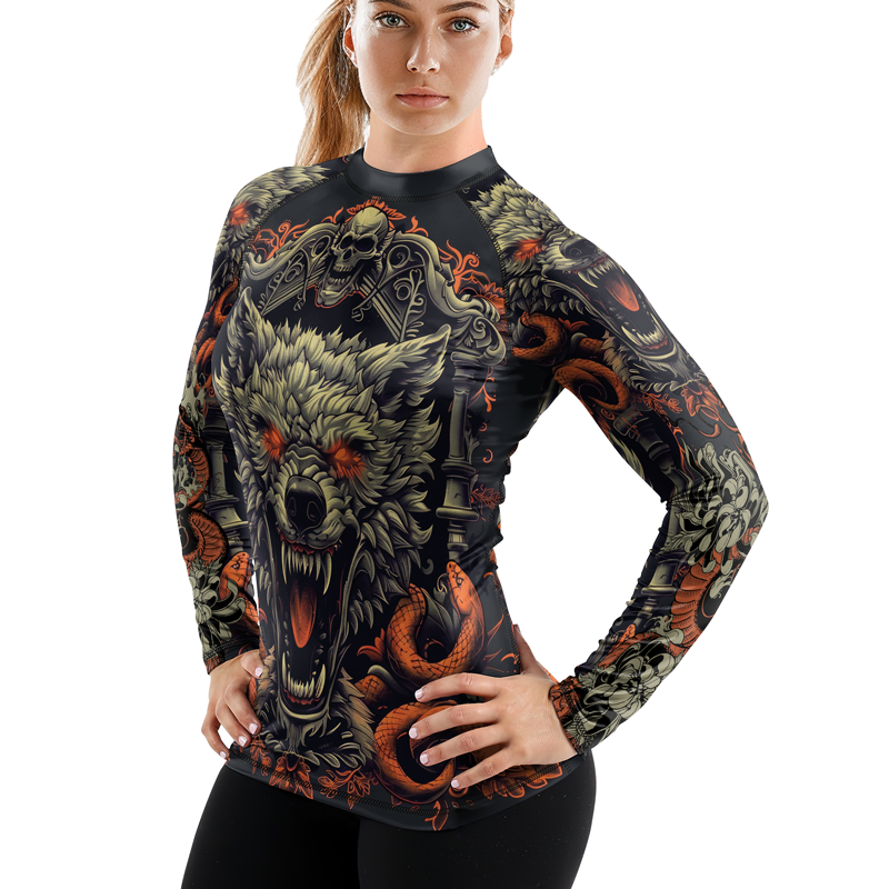 Rashninja Fanged Wolf with Skull Women's Long Sleeve Rash Guard