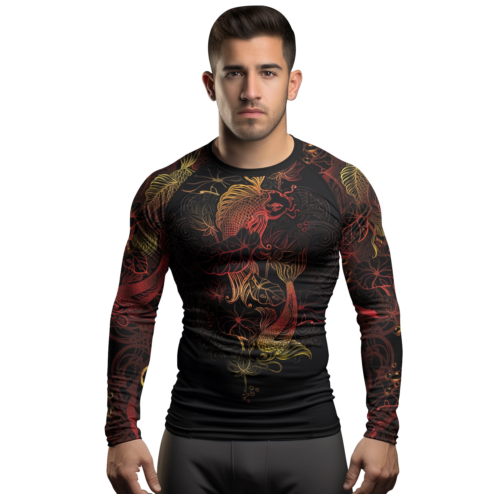 Rashninja Red & Gold Gradient Japanese Koi Men's Long Sleeve Rash Guard