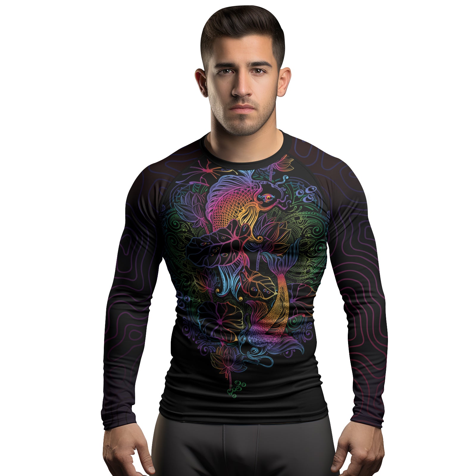 Rashninja Colorful Gradient Japanese Koi Men's Long Sleeve Rash Guard