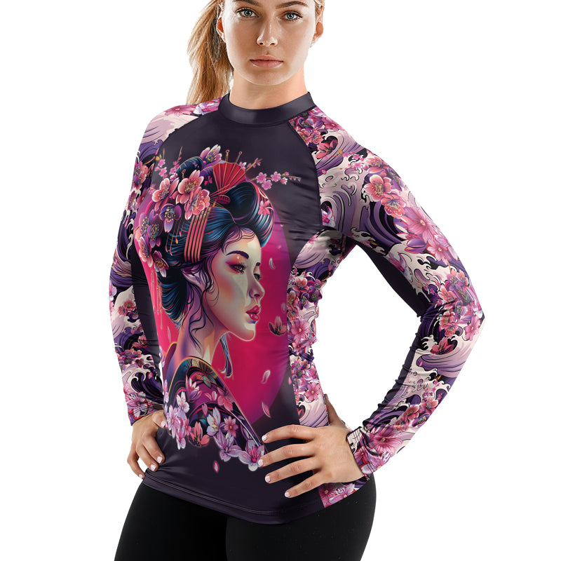 Rashninja Geisha with Sakura Waves Women's Long Sleeve Rash Guard