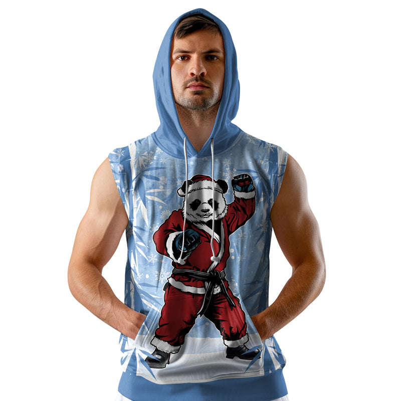 Rashninja Blue Santa Panda Kung Fu Men's Sleeveless Gym Hoodie