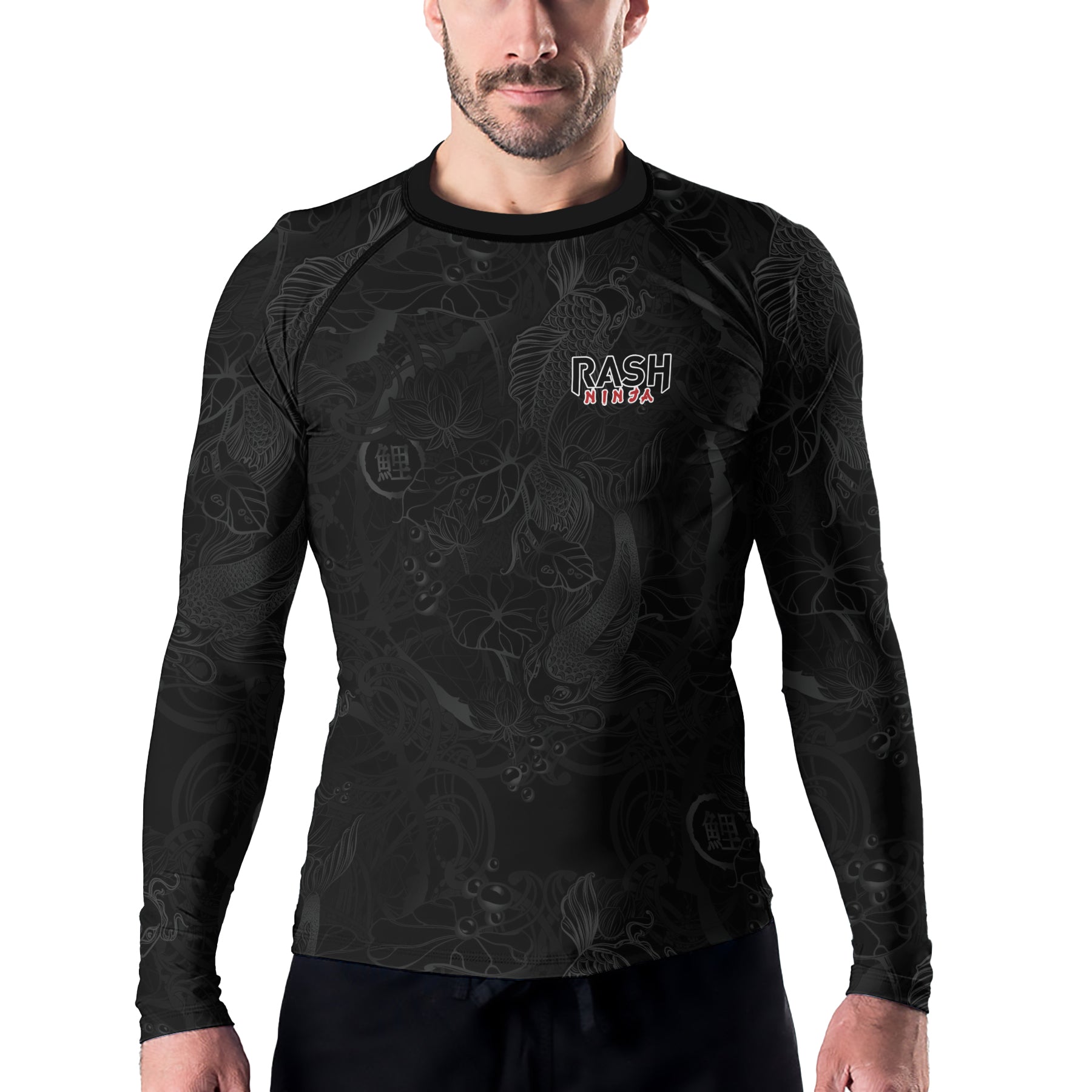 Rashninja Black Monochrome Koi Men's Long Sleeve Rash Guard