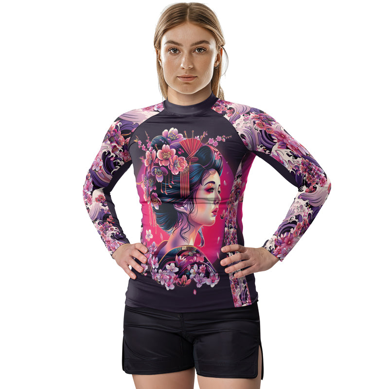 Rashninja Geisha with Sakura Waves Women's Long Sleeve Rash Guard