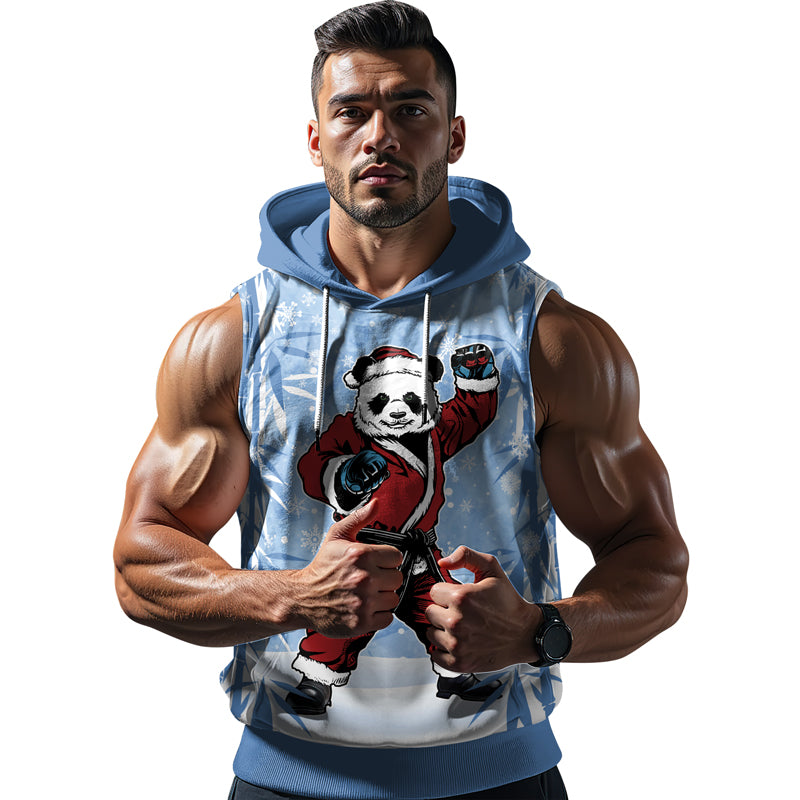 Rashninja Blue Santa Panda Kung Fu Men's Sleeveless Gym Hoodie